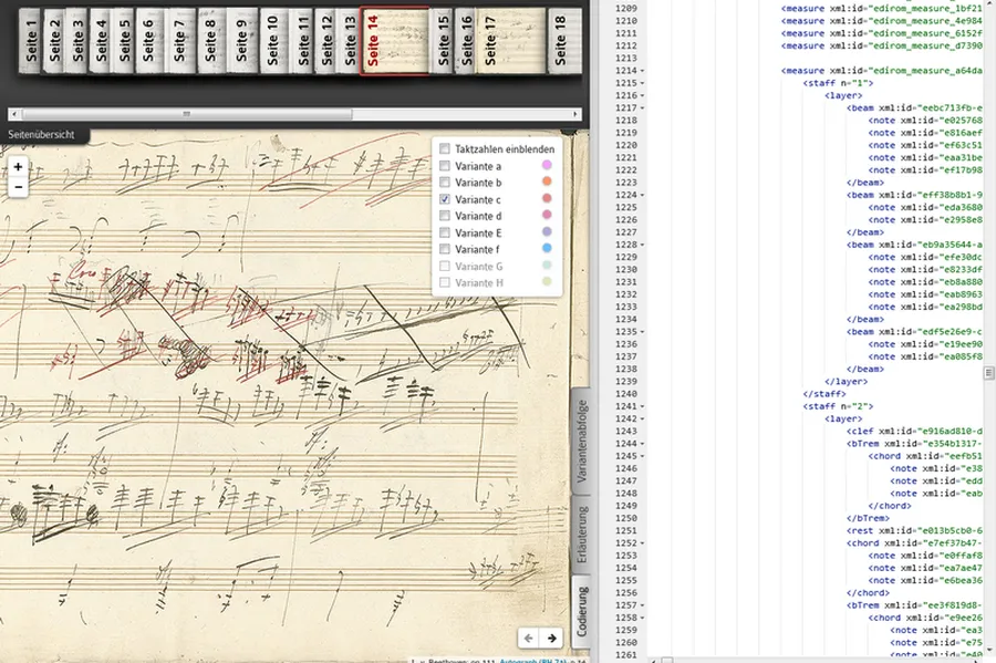 On the computer screen, a variant in the composition process is displayed in two different ways: on the left as a coloured mark in Beethoven's music manuscript and on the right coded with MEI tags.